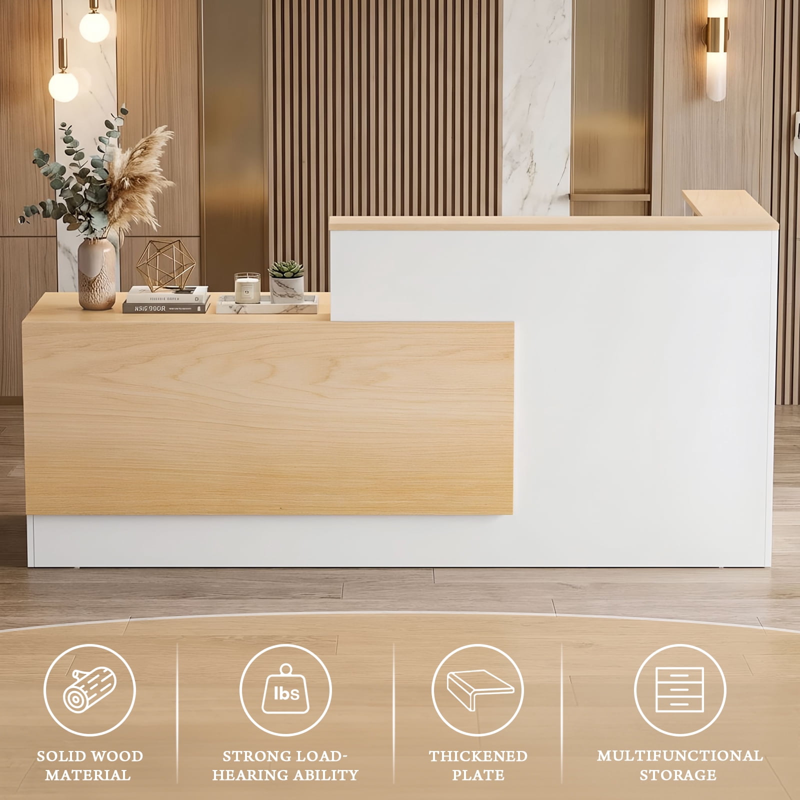 Vakiorn L-Shaped Wooden Reception Desk Lockable Drawers Storage Keyboard Tray 71in for Office Lobby Checkout Left Natural Wood White