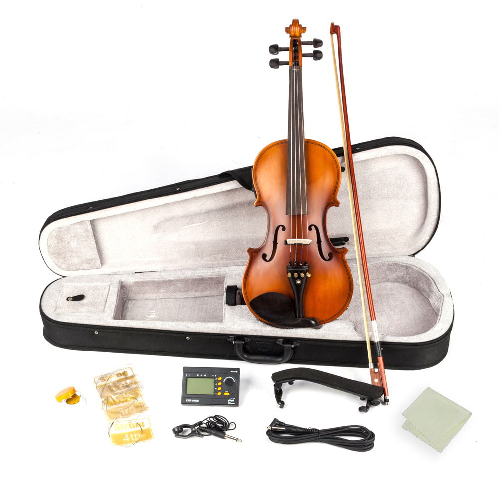 Strings Case Size 4/4 Bow Electronic Tuner for Learner or Enthusiast Black Shoulder Rest Connecting Wire and Cloth Rosin Acoustic Violin Full Solid Wood EQ Violin 