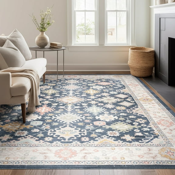 Crestwood Traditional Oriental 5x7 Navy and Aqua Polyester Indoor Area Rug, 5'3'' x 7'