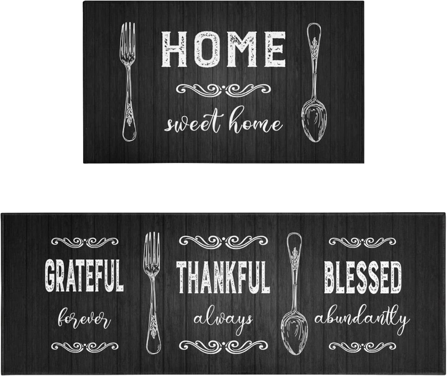 Black Kitchen Rug Mat, Black and White Kitchen Rugs Sets of 2 Washable NonSlip Black Kitchen