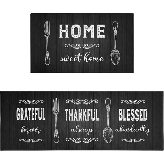 Black Kitchen Rug Mat, Black and White Kitchen Rugs Sets of 2 Washable Non-Slip Black Kitchen Mats for Floor 2 Piece Black Kitchen Decor