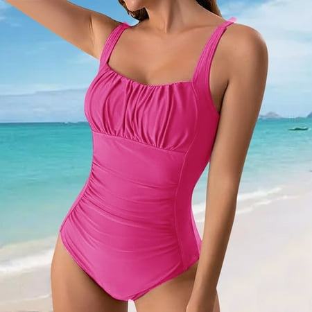 MPWEGNP Women s Leisure Solid Color Pleated Suspender Fashionable One Piece Swimsuit Women Hot Pink