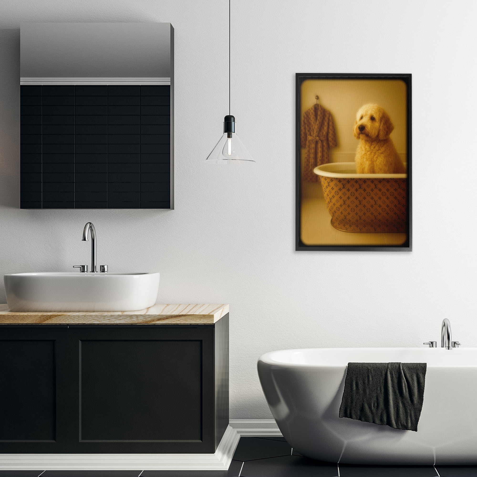 Stupell Industries Couture Dog in Luxury Tub Black Framed Giclee Art, design by Grotto Studios