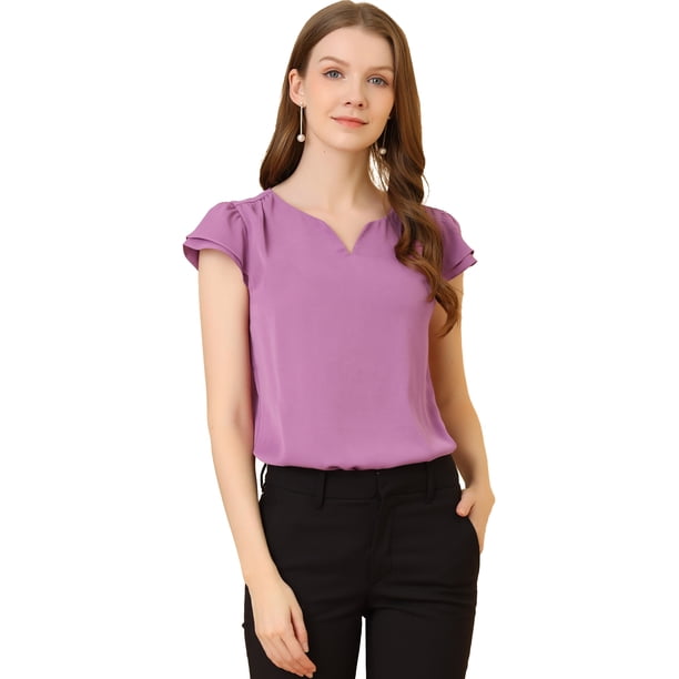 Camiseta Manga Tulipán Cuello En V Básico Para Mujer Morado rojizo oscuro M