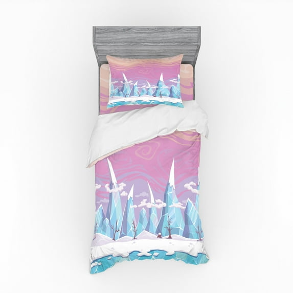 Winter Duvet Cover Set, Cartoon Style Fantasy Landscape with Ice Mountains Leafless Trees and Colorful Sky, Bedding Set with Shams and Fitted Sheet, 3 Sizes, by Ambesonne