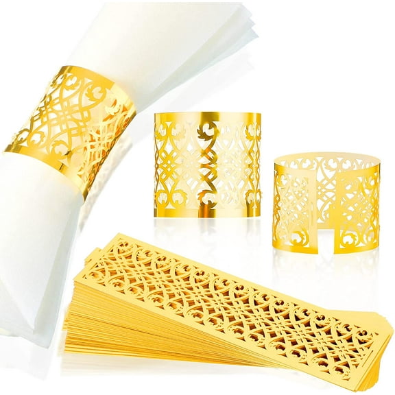 50 Pcs Gold Napkin Rings Laser Cut Hollow Paper Napkin Holder Disposable Napkin Bands for Towel Dinner Table Settings Decor Wedding Party