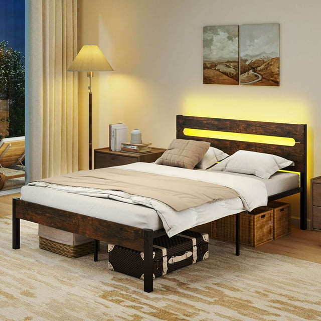 Costway Full Size Bed Frame with Built-in Charging Station Sturdy Mattress Foundation Walnut + Black