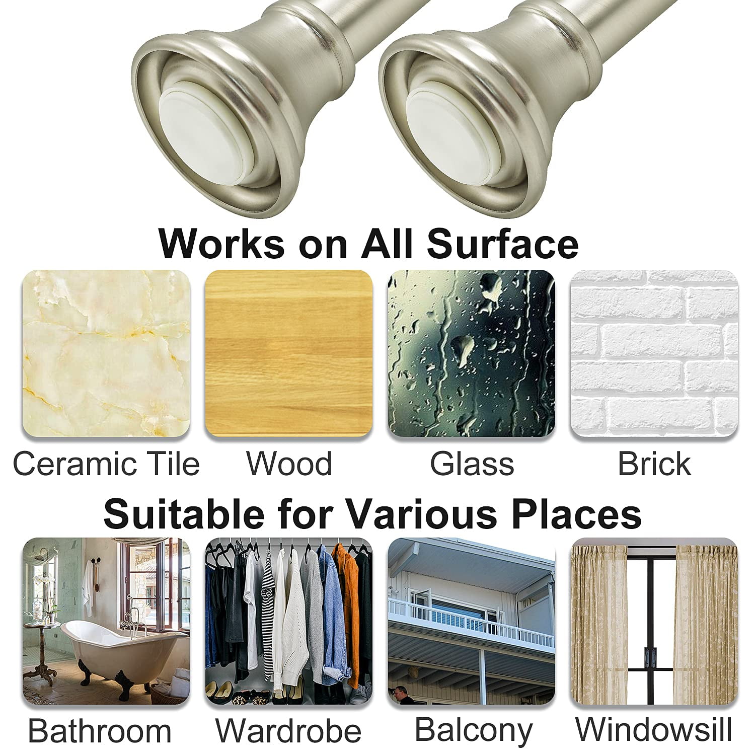 BloomFlower Nickel Shower Curtain Rod, 43-72 inches, Brushed Nickel ,Never Rust , Metal Rod,Spring Tension