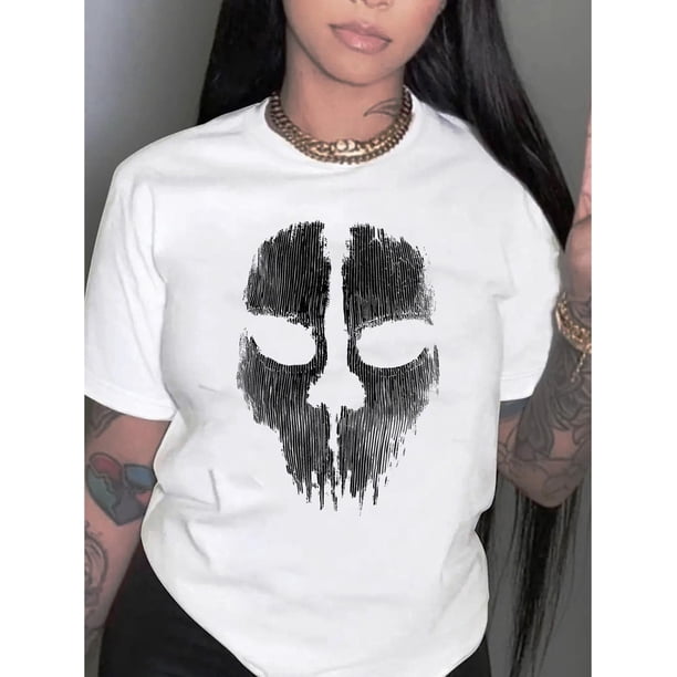 Camiseta informal con estampado de calavera para mujer: camiseta de algodón de punto, cuello redondo, elasticidad media, estampado geométrico, estilo informal para todas las estaciones, top deportivo