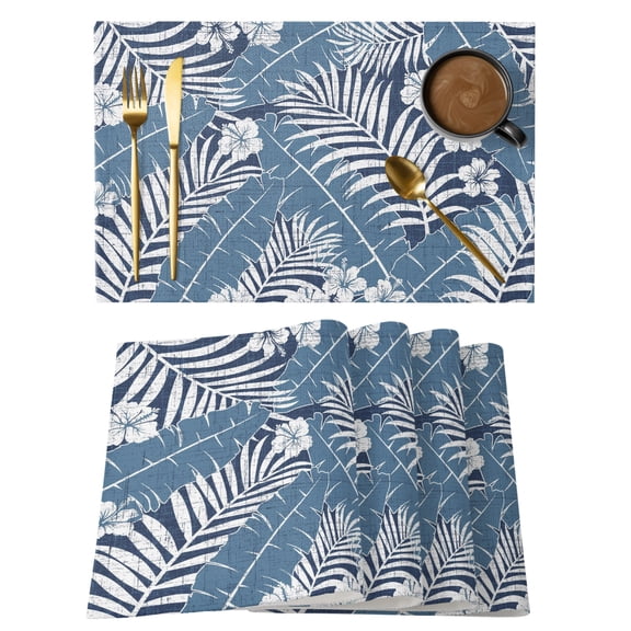 Navy Palm Tree Placemats Set of 4 Summer Tropical Plants Leaves Vintage Flowers Place Mats Indoor Wipeable Table Mats Washable Cloth Dining Table Placemats for Kitchen Holiday Party Decor 13x19 Inch