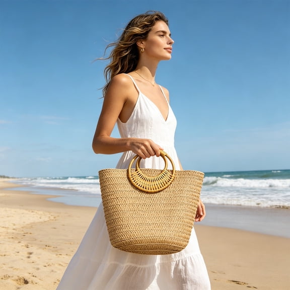 Kieccall Large Capacity Straw Woven Tote Bag Summer Beach Handbag for Women Gift