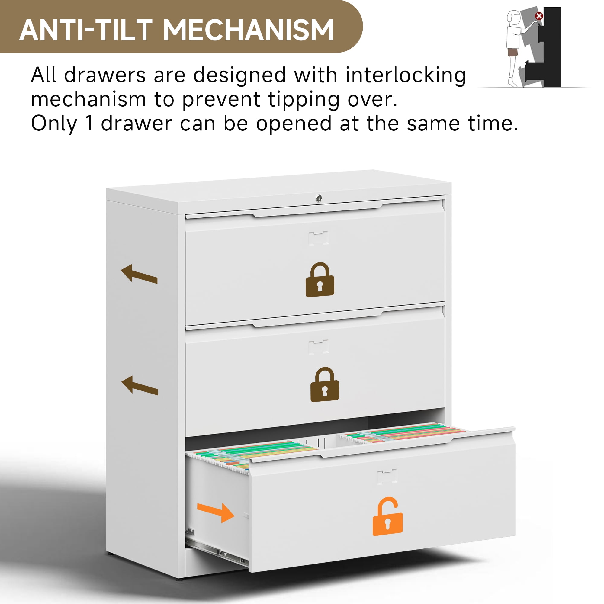 Coolsun Lateral File Cabinet, 3 Drawer File Cabinet with Lock, Wide Filing Cabinet for Home Office, Metal Locking Cabinet for Hanging A4/F4/Letter/Legal, Assembly Required (White, 3 Drawer)
