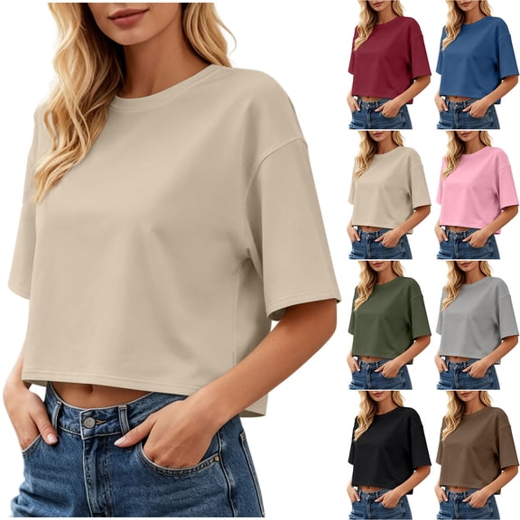 VBVC Women's Short Sleeve Crewneck Crop Top, Ladies' Lightweight Loose Fit Tee, Basic Plain Summer T Shirt For Women, Khaki , S-2XL