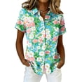 thumbnail image 2 of Women Hawaiian Beach Shirt Soft Cool Tropic Print Short Sleeve V Neck Button Down Vacation Tops Green 2XL, 2 of 5
