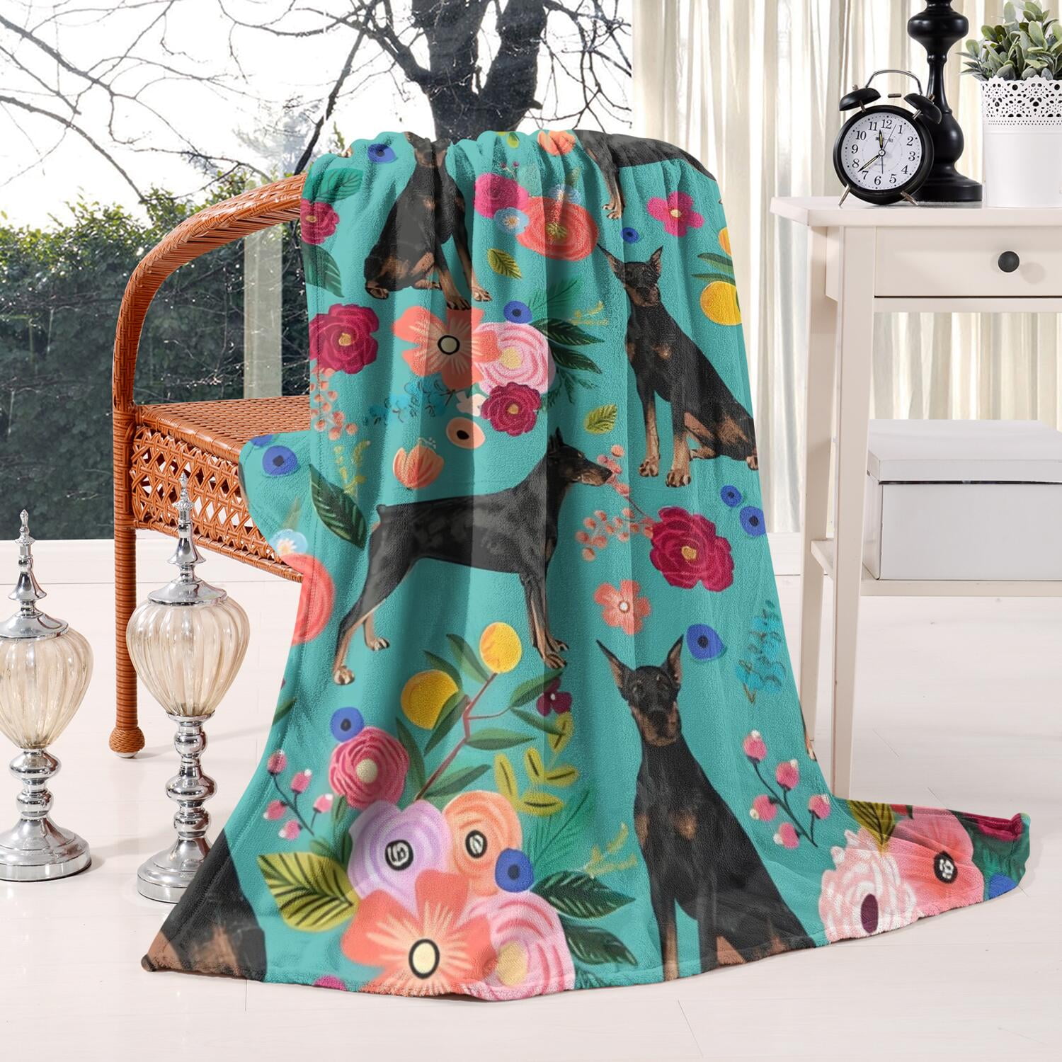 Doberman Dog Pattern with Flowers Blanket,Comfortable Soft Flannel Throw Blanket,All Season,Warm Lightweight Blankets for Sofa Bed Couch Living Room Chair,60"x80"(150x200cm)