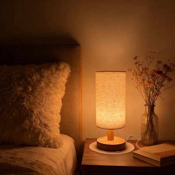 Wooden Bedside Table Lamp, Linen Fabric Shade USB LED Warm Glow Night Light, 1‑Pack for Bedroom Nightstand Decor