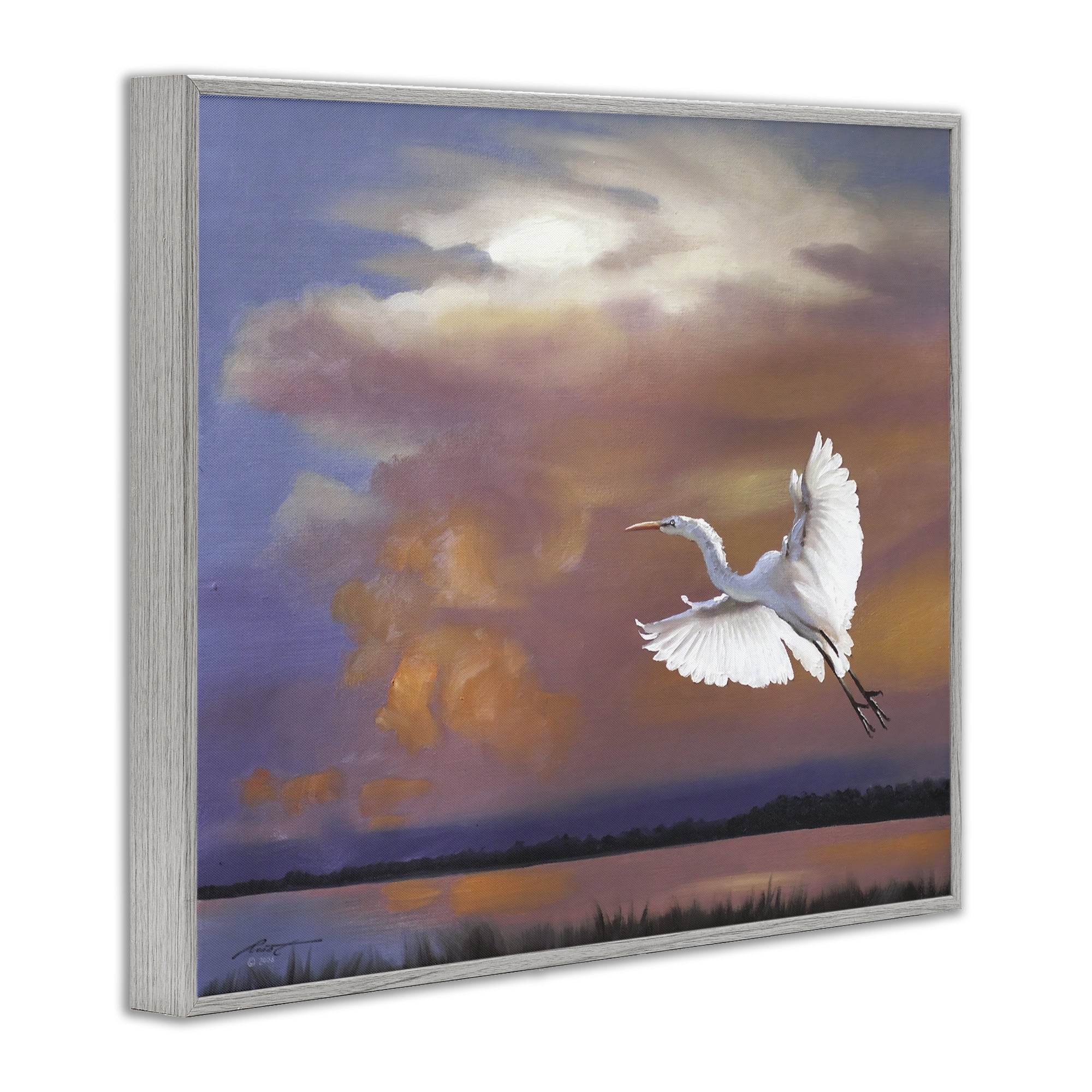 Stupell Industries Heron Flying with Sunset Landscape Painting Gray Framed Art Print Wall Art, 20 x 16