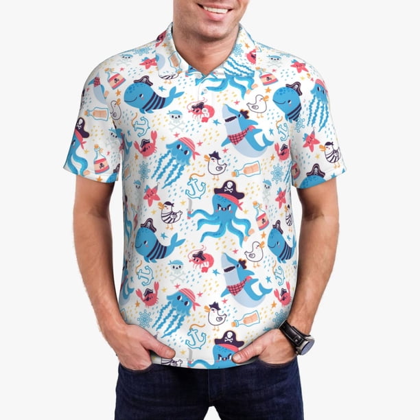 Balery Cute Shark Camisa Polo de Hombre con Estampado, de Manga Corta y Tejido Medio, Camisa Tipo Golf Polo-Medium
