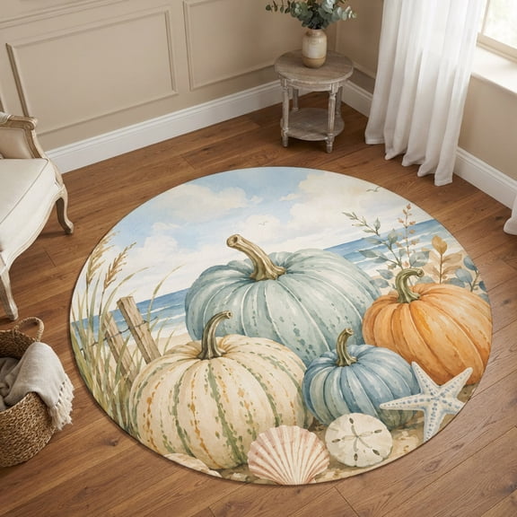 Small Round Rug 3Ft, Coastal Pumpkins Non-Slip Washable Circle Rugs Carpet, Fall Vintage Nautical Starfish Beach Waves Indoor Outdoor Rug Floor Mats Throw Runner for Bedroom Living Room Bathroom
