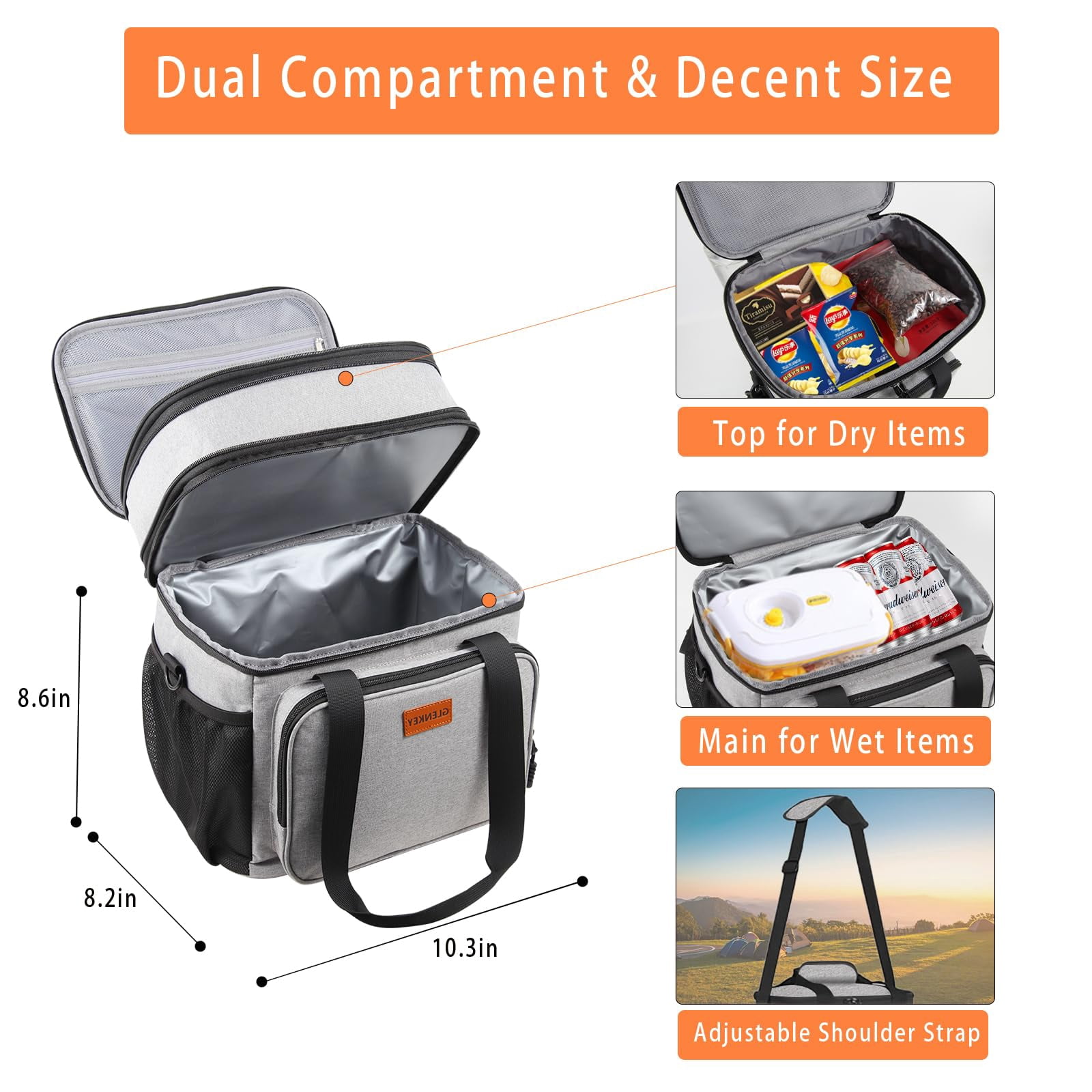 Double Deck Large Lunch Box  Insulated Heavy Duty Bag Waterproof Leakproof Durable Cooler For Men Women Adults Work Picnic Camping Daytrip 16l Grey