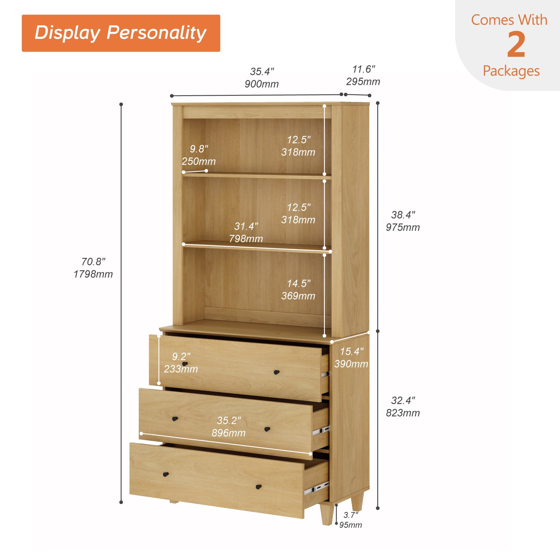 WAMPAT Modern 71 Inches Tall Bookcase with 3 Drawers, 3-Tier,Oak
