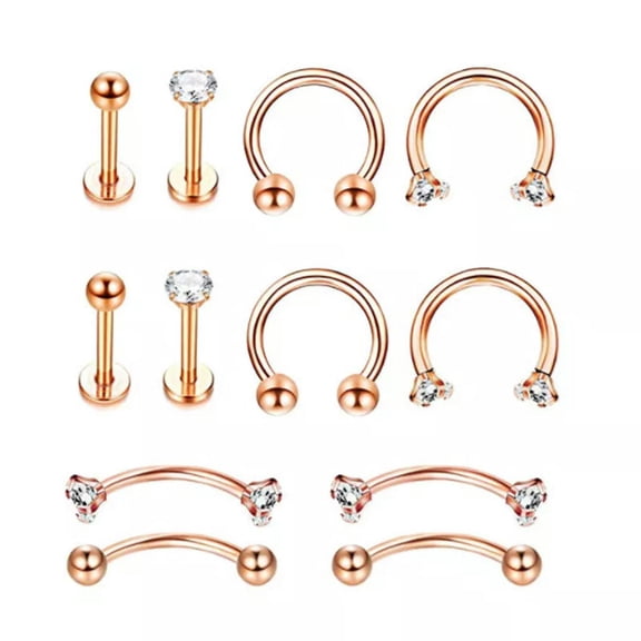 K-KED 6 Pairs Stainless Steel Earring Clear CZ Hoop Studs Barbell Lip Labret Rings-default