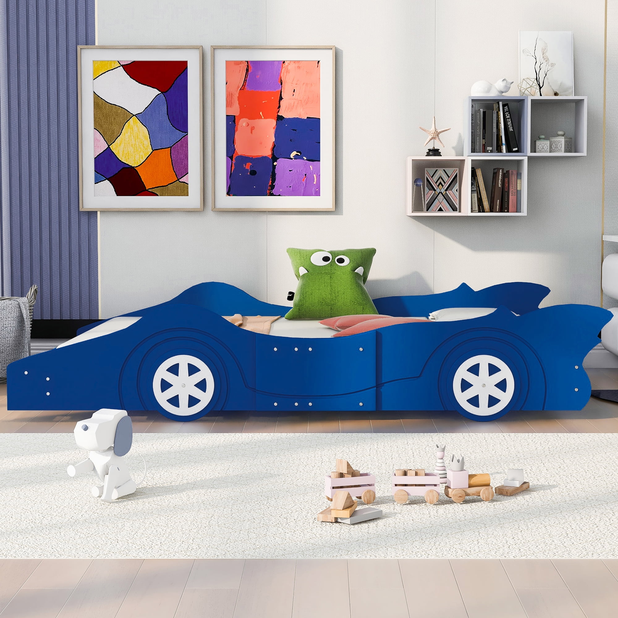 HSUNNS Full Size Kids Race CarShaped Platform Bed with Wheels, Wooden