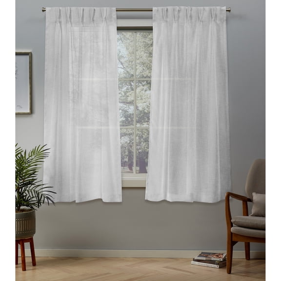 Open Box Exclusive Home Curtains Belgian Textured Linen Look Jacquard Sheer Pinch Pleat Curtain Panel Pair, 63" Length, Winter White