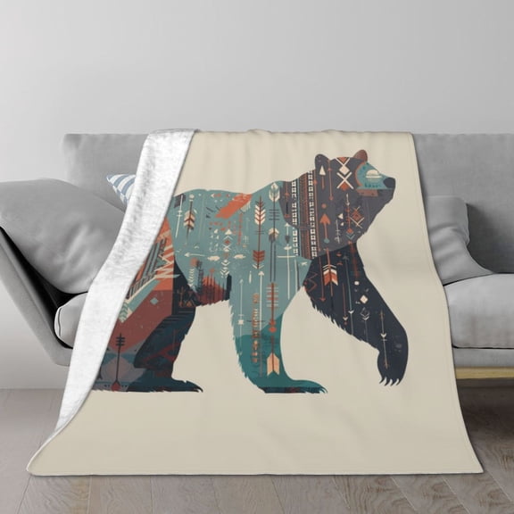 Aztec Bear Throw Blanket – Southwest Tribal Art Fleece, Soft & Cozy Flannel, Boho Cabin Decor Gift 50x40