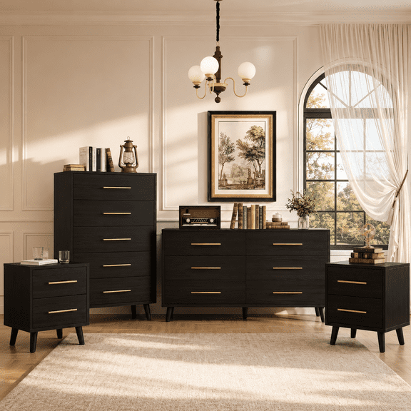 Noelse Bedroom Set with Storage, Includes 6 Drawer Dresser, 5 Drawer Chest, and 2 Nightstands, Modern Bedroom Furniture Set for Small Spaces Wood Dresser Set with Metal Handles,Black