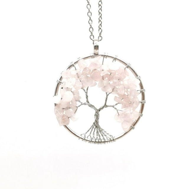 Granjero Gordo Collar con colgante de árbol de la vida, accesorios hechos a mano, collar de cristal de piedra natural (rosa, cadena)