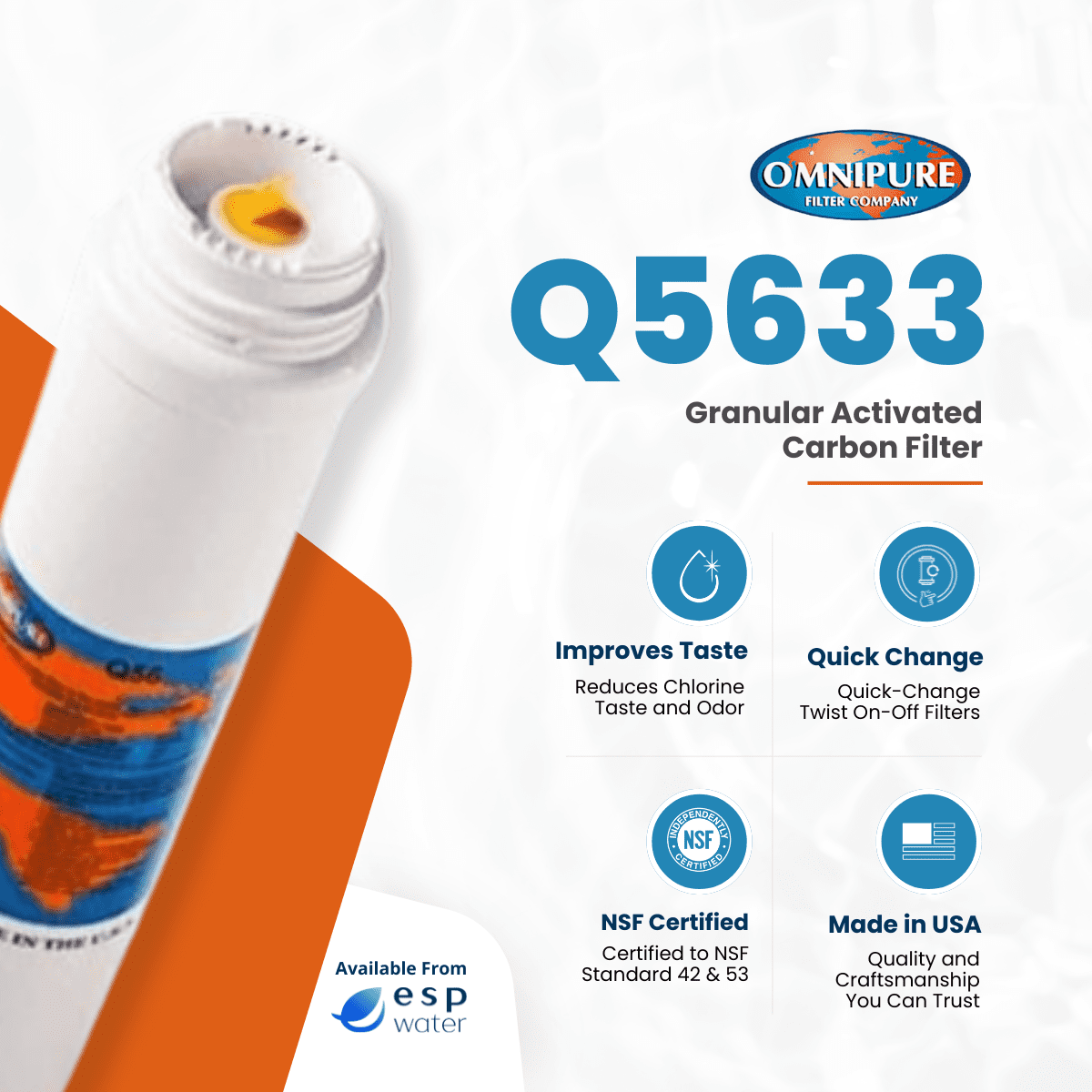 Omnipure Q5633 T33 Granular Activated Carbon Replacement Water Filtration Cartridge, 2.5 x 12 in, 0.5 Gpm, 2500 gal, 4-Pack, for RO and Under-Sink Systems
