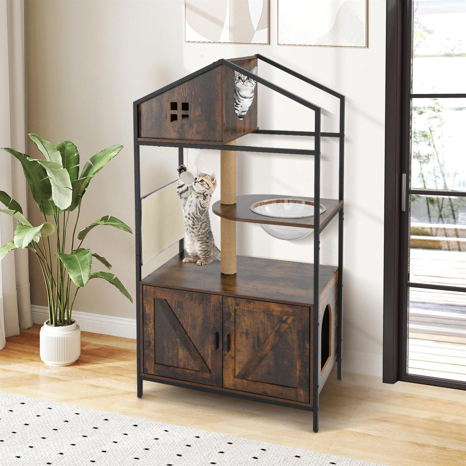 Pefilos Cat Tree with Litter Box Enclosure, Multi-Level Condo & Clear Capsule, Industrial Style, Rustic Brown