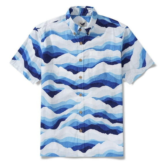 Men's Hawaiian Shirt Short Sleeve Button-down 100% Cotton Blue Aloha Mountain and Sea