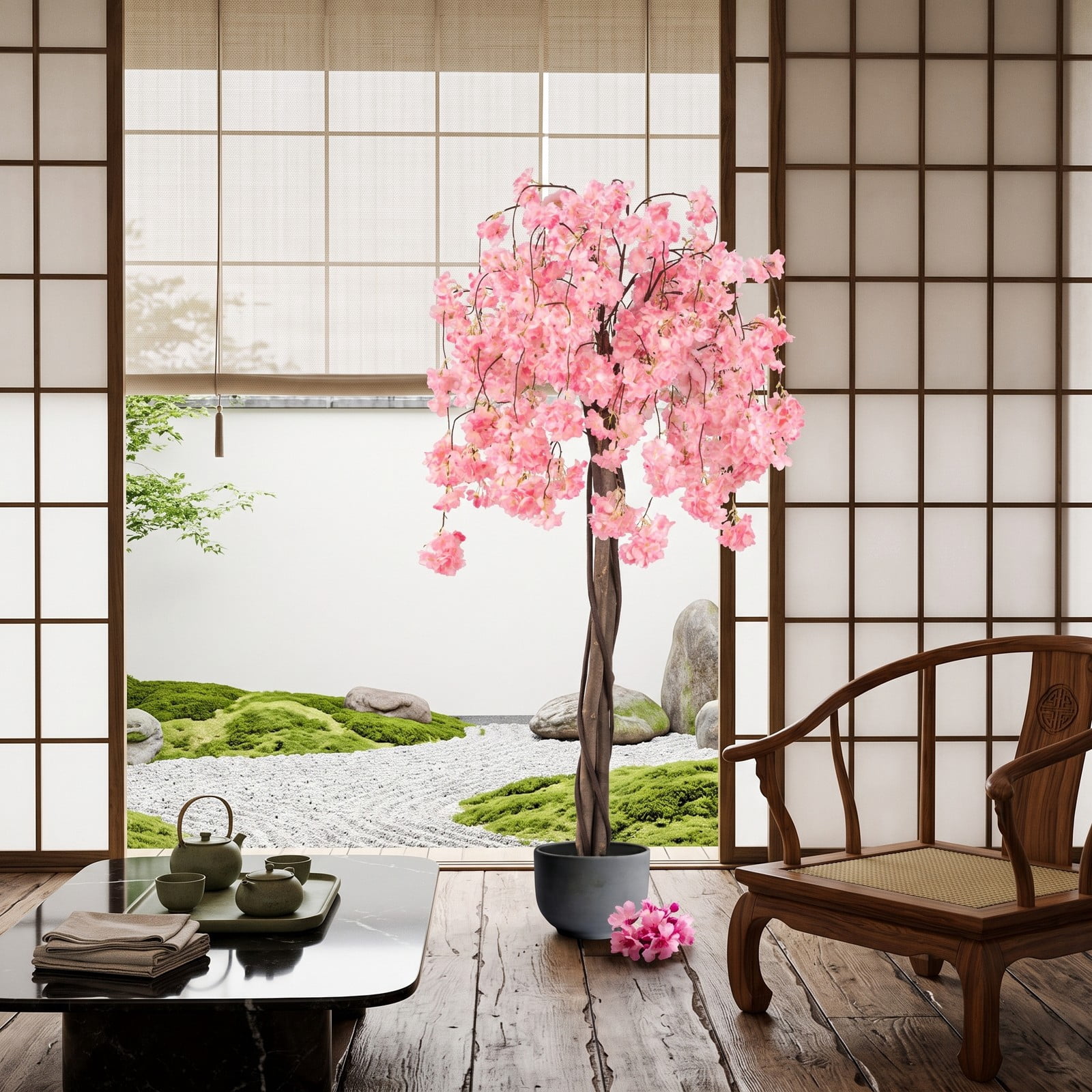 ALPULON 5.5 FT Artificial Cherry Blossom Tree with Pink and White Flowers, Faux Silk Sakura Tree with Solid Wood Trunk and Cement-Filled Pot for Home Office, Pink