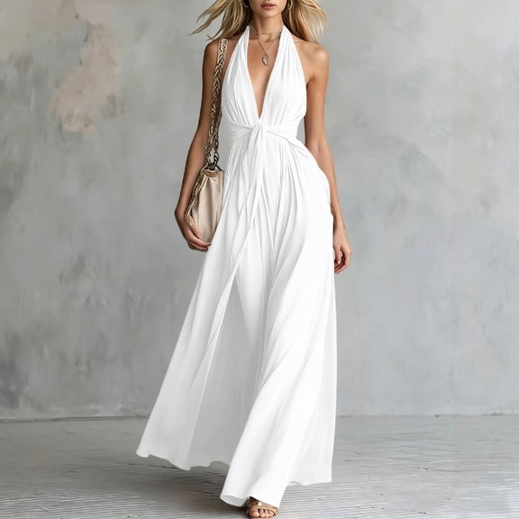 Karymi Halter Deep V Maxi Dress, Sleeveless Twist Front High Slit Backless Flowy Vacation Evening Gown Wedding Guest Dresses for Women