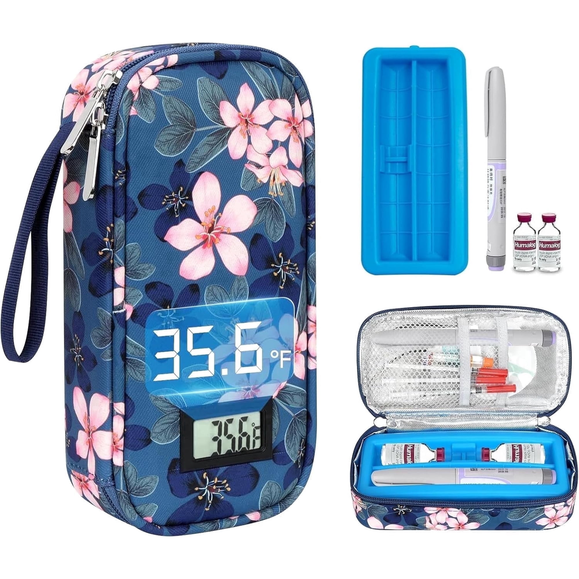 YOUSHARES Insulin Cooler Travel Case for Pen & Vials, TSA Approved Temp Display Bag for Ozempic Wegovy Mounjaro Zepbound, Ice Brick Diabetes Supplies Organizer (Magnolia)