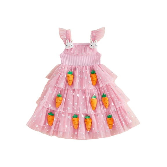 Loicainy Toddler Kids Girls Easter Tutu Dress 12 18 24 Months 2T 3T 4T 5T 6T Adorable Flying Sleeve Square Neck 3D Carrot Bunny Decorated Tulle Princess Dresses