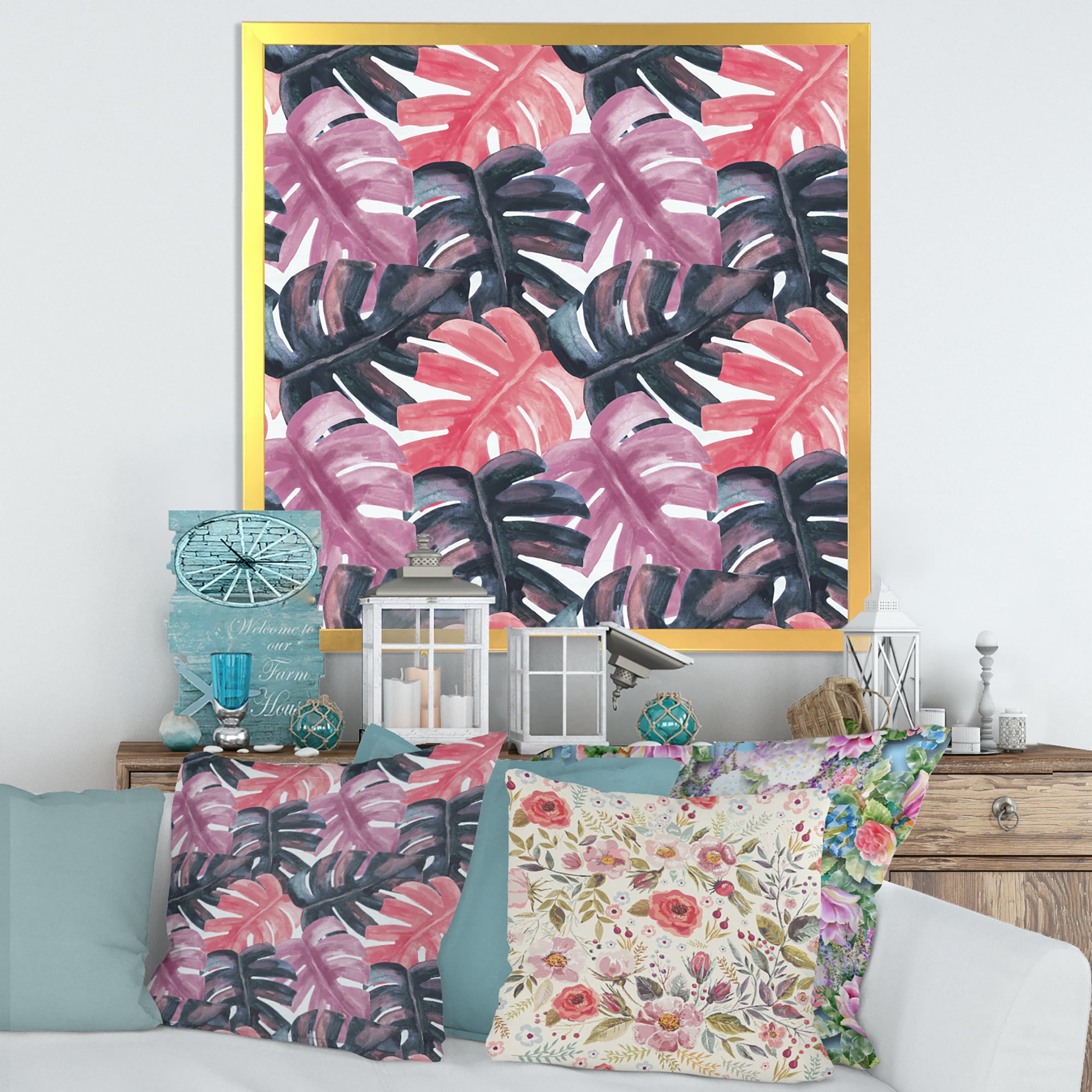 Designart 'Black and Red Monstera On Rough Brush Strokes II' Tropical Framed Art Print