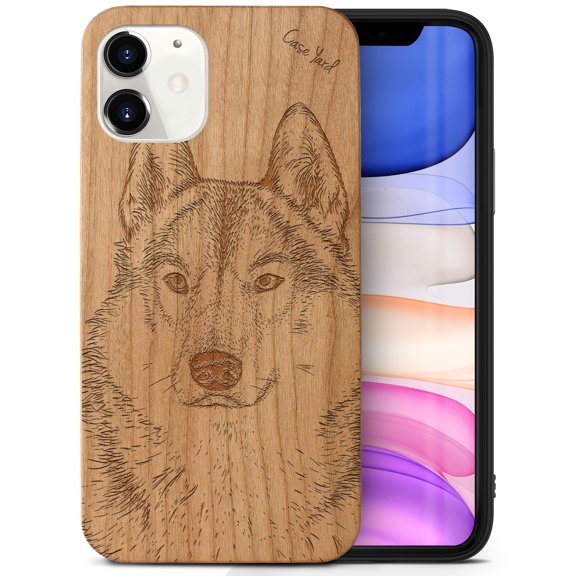 Case Yard Wooden Case Outside Soft TPU Silicone, Slim Fit Shockproof Wood Protective Phone Cover for Girls Boys Men and Women, Supports Wireless Charging Siberian Husky Design case for iPhone-12-Mini