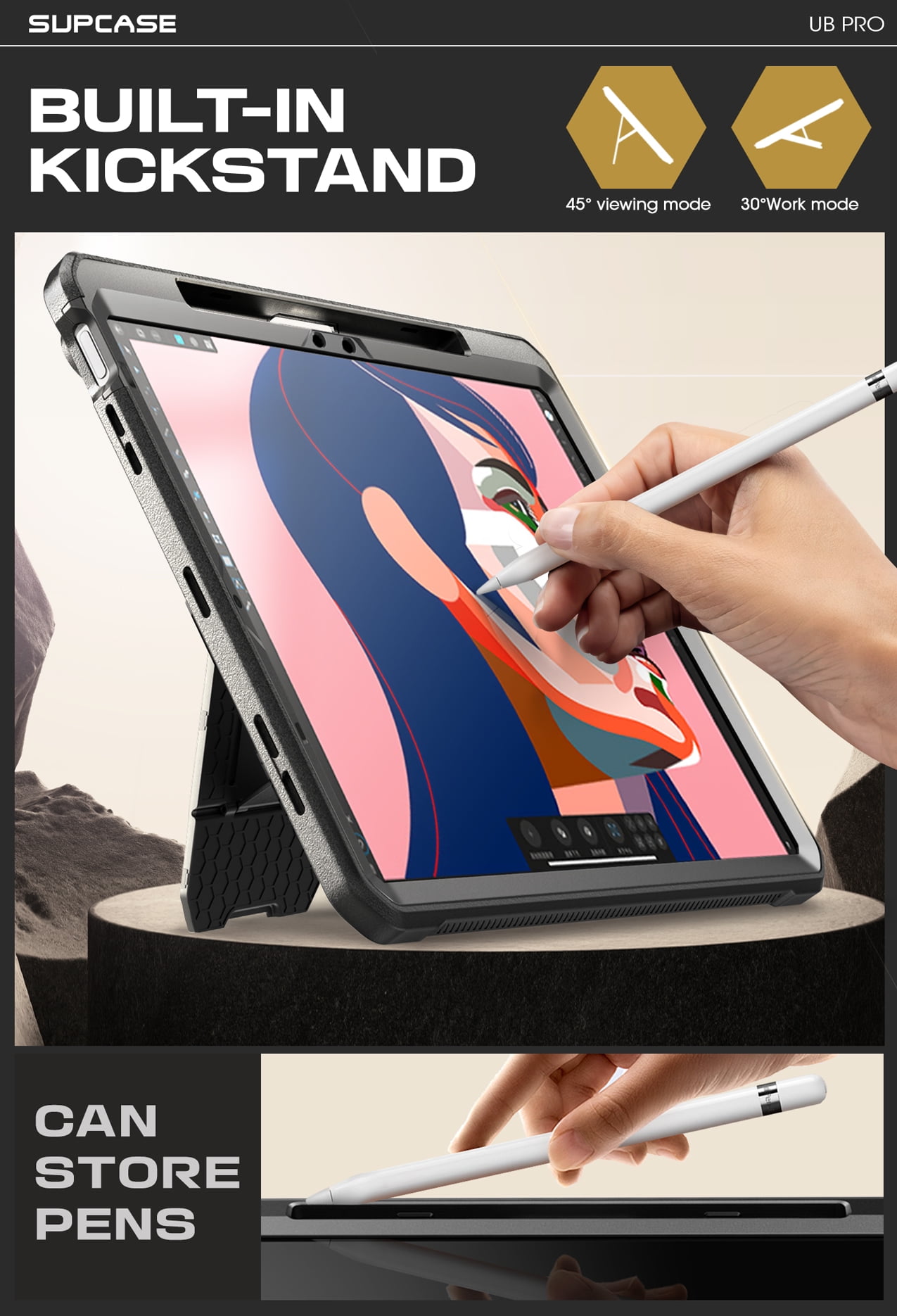 SUPCASE for iPad Air 11 Inch Case 6th Generation M2 2024, [Built-in Screen Protector & Pencil Holder & Stand] Full-Body Rugged Cover for iPad Air 6th/5th/4th Gen (11/10.9 Inch, 2024/2022/2020), Black