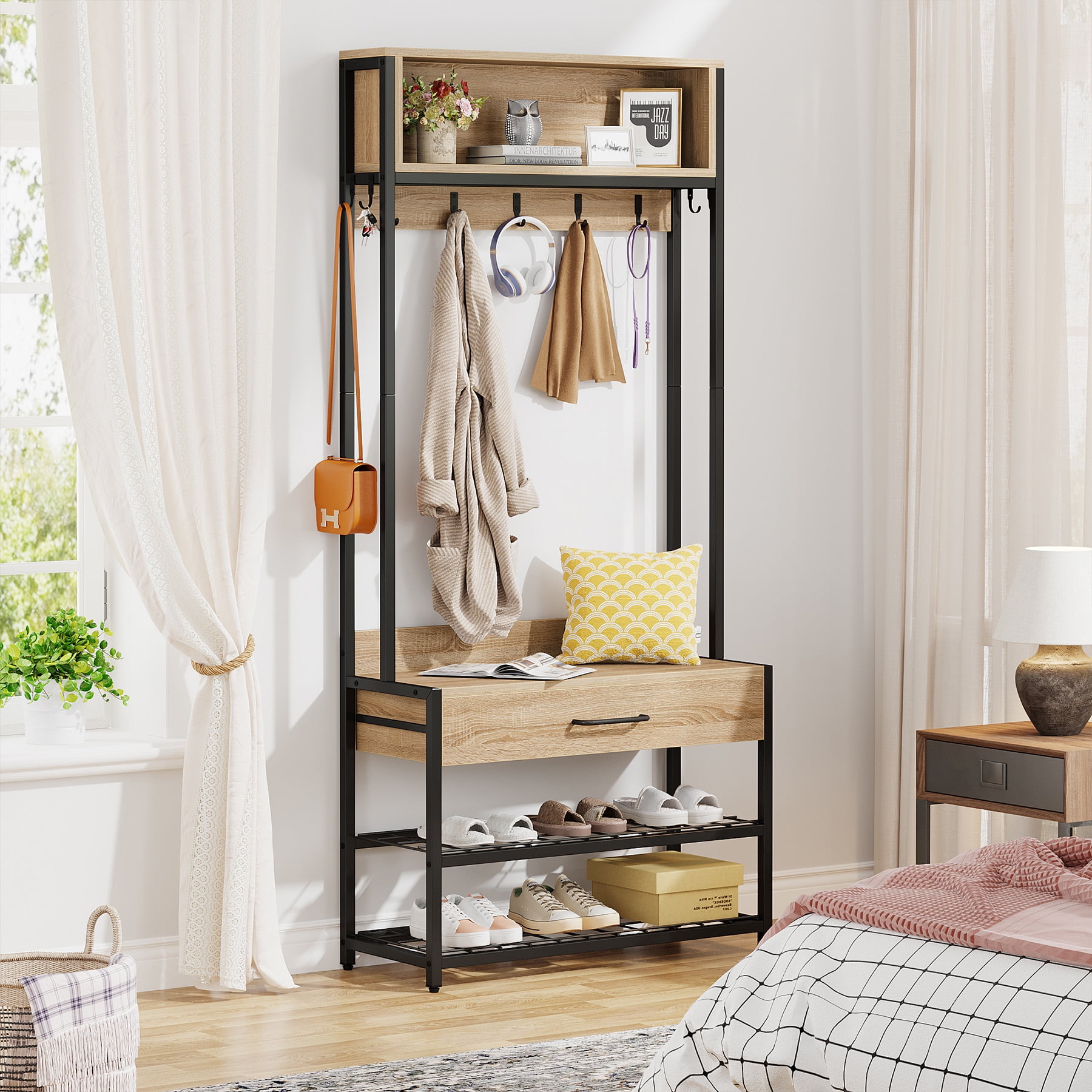 Tribesigns 4in1 Entryway Coat Rack, Vintage Industrial Hall Tree with