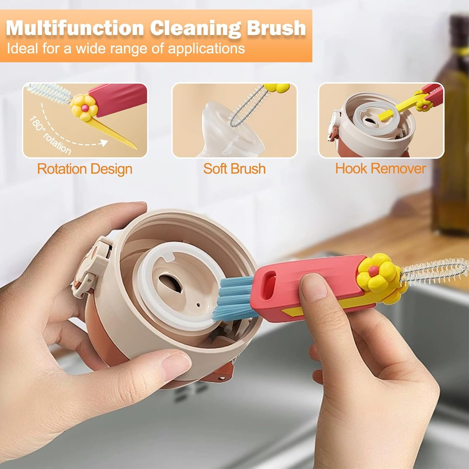 3 in 1 Cup Lid Cleaning Brush Set, 3 Pieces Multifunctional Bottle Cleaning Brush, Bottle Cleaner Brush for Coffee Cups Lid Gap, Portable Cup Lid Cleaning Tools Cleaner Brush
