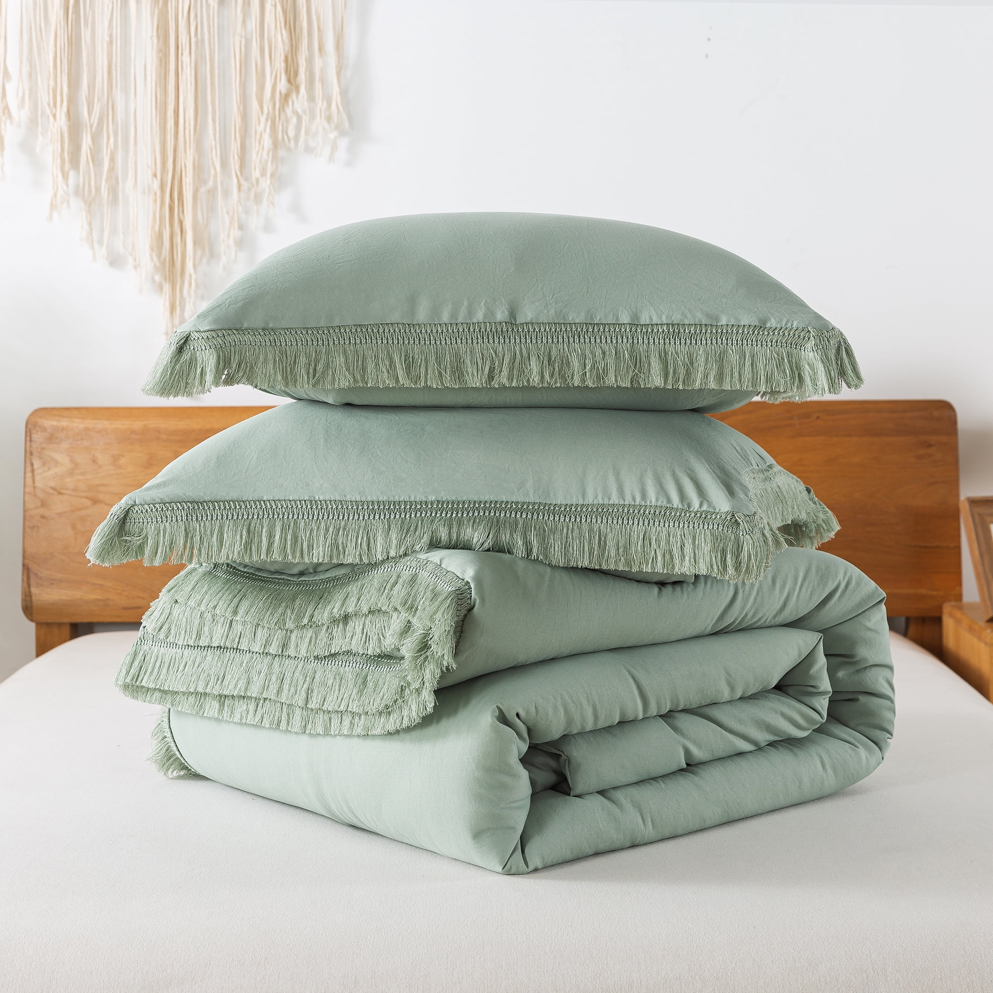 Andency Sage Green Comforter Sets for King Bed, 3 Pieces Soft Cozy Fluffy King Size Bedding Comforter Sets, Boho Tassel All Season Lightweight Down Alternative Bed Set