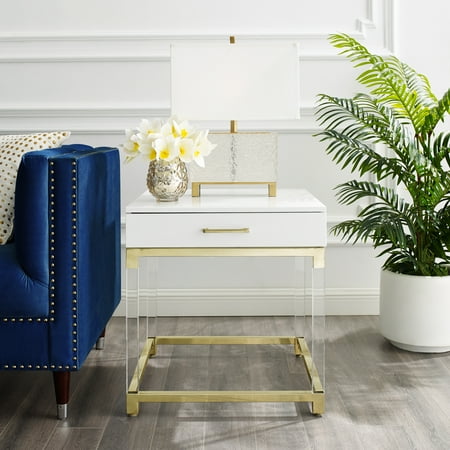 Alena White End Table - 1 Drawer | High Gloss | Acrylic Legs | Gold Stainless Steel Base | Modern Design