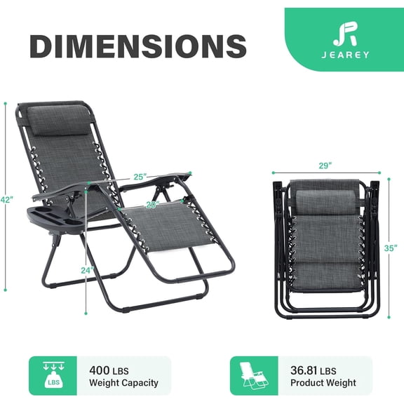 Oversized Zero Gravity Lounge Chairs Set of 2, Adjustable Steel Mesh Recliners w/Pillows and Cup Holder Trays for Patio, Garden, Beach, Grey