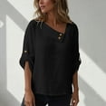 thumbnail image 4 of Olyvenn Women Cotton Linen Tops Causal Summer Shirts Rolled Sleeve Asymmetrical Neck T Shirts Solid Loose Blouses for Daily Black M, 4 of 9