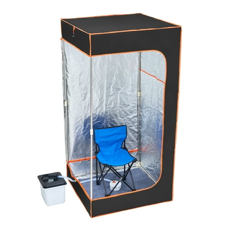SKYSHALO Compact Steam Sauna Cabin, 1600W, Full Dimensions with See-Through Panel, Home Spa Sauna Wrap Set for Relaxation, Heat Treatment & Detox, Includes Time & Temp Remote, Chair, in Black