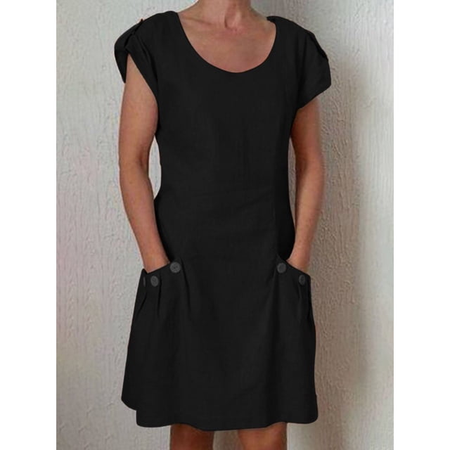 Mefallenssiah Robe Longue Décontractée à Manches Courtes avec Pochettes et Boutons pour Femmes