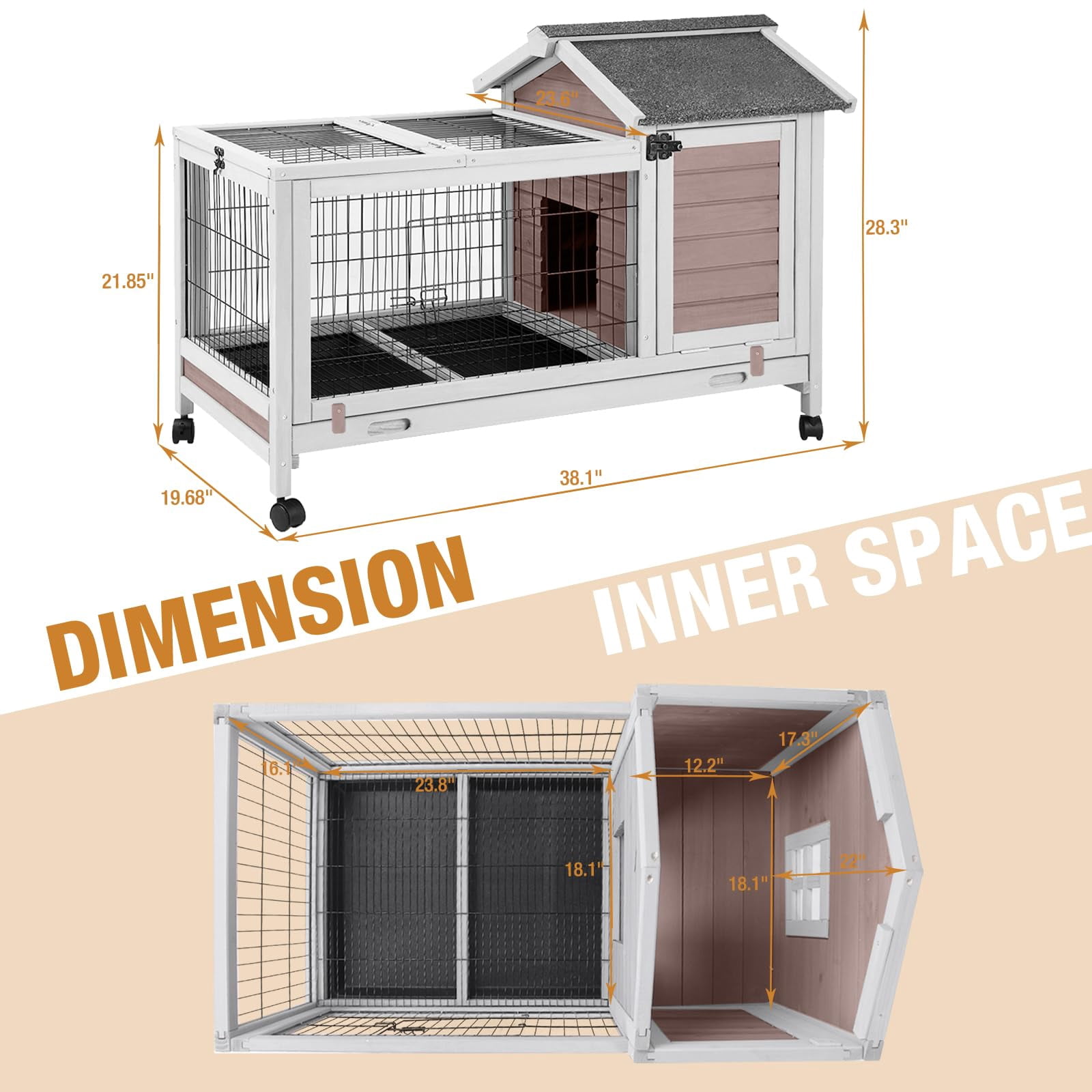 Aivituvin Rabbit Hutch with Wheels for Indoor Outdoor, Wooden Rabbit Cage with Removable Wire Netting & Leak Proof Tray, Mobile Bunny Cage, Brown